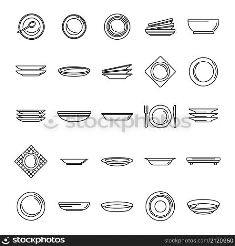 Plate icons set outline vector. Food cutlery. Dinner round plate. Plate icons set outline vector. Food cutlery