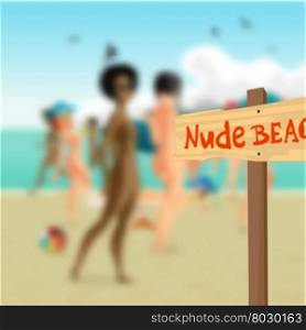 Plate nude beach in the background out of focus beautiful nude women at the seaside. Group of women bathing and swimming on the nudist beach. Vector flat cartoon illustration