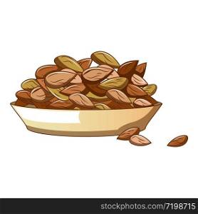 Plate of almond nuts icon. Cartoon of plate of almond nuts vector icon for web design isolated on white background. Plate of almond nuts icon, cartoon style