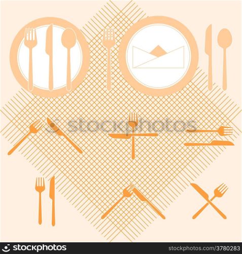 Plate orange color icons with fork and knife sign, stock vector