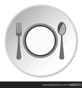 Plate spoon and fork icon in flat circle isolated vector illustration for web. Plate spoon and fork icon circle