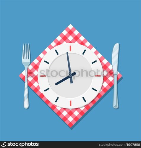 Plate with clock, fork and knife icon. Lunch time. Eating, nutrition regime, meal time and diet concept. Cutlery Kitchen concept restaurant menu. Vector illustration in flat style.. Plate with clock, fork and knife icon