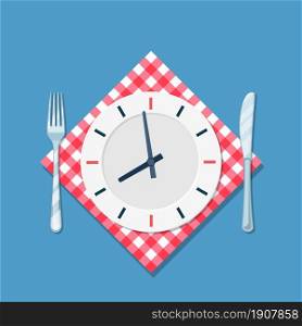 Plate with clock, fork and knife icon. Lunch time. Eating, nutrition regime, meal time and diet concept. Cutlery Kitchen concept restaurant menu. Vector illustration in flat style.. Plate with clock, fork and knife icon