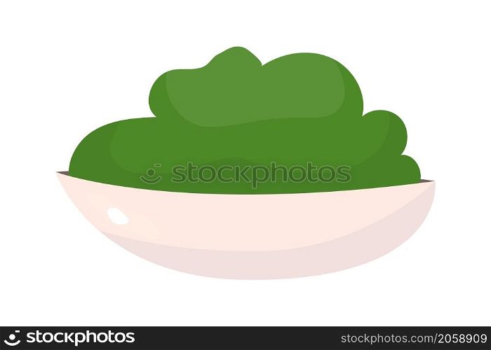 Plate with green muse semi flat color vector object. Realistic item on white. Tableware with vibrant substance isolated modern cartoon style illustration for graphic design and animation. Plate with green muse semi flat color vector object