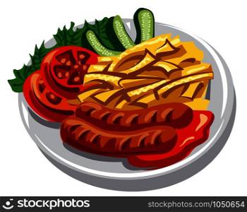 plate with grilled sausages, fries and salad. grilled sausages