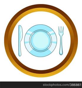 Plate with knife and fork vector icon in golden circle, cartoon style isolated on white background. Plate with knife and fork vector icon