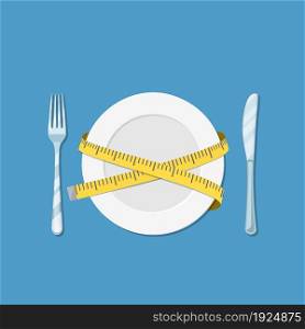 Plate with measuring tape, fork and knife. diet concept. vector illustration in flat style. Plate with measuring tape, fork and knife
