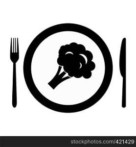 Plate with piece of broccoli black simple icon . Plate with piece of broccoli icon