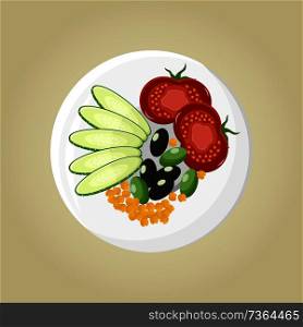 Plate with tomatoes and olives, fresh cucumber near corn, vegetarian food, neat slices cartoon flat vector illustration, isolated on grey background.. Plate with Tomatoes and Olives Vector Illustration