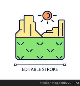 Plateau RGB color icon. Elevated flat terrain. Plain area raised above surface. Tableland. Highland. High land formation. Isolated vector illustration. Simple filled line drawing. Editable stroke. Plateau RGB color icon