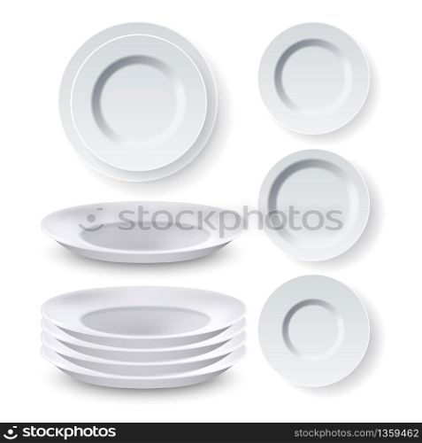 Plates Dinner Equipment Collection Set Vector. Blank Different Style Dining Empty Ceramic Plates For Meal And Food. Modern Clean Round Tableware, Bowl For Eating Template Realistic 3d Illustrations. Plates Dinner Equipment Collection Set Vector