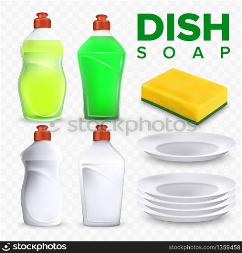 Plates Dishwashing Detergent And Sponge Set Vector. Collection Of Dishwashing Accessory, Bottles With Liquid Soap And Drying Equipment, Ceramic Bowl. Kitchen Utensil Realistic 3d Illustrations. Plates Dishwashing Detergent And Sponge Set Vector