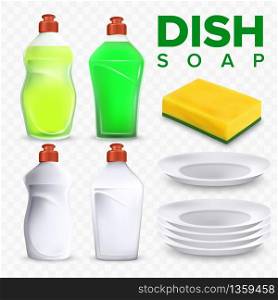 Plates Dishwashing Detergent And Sponge Set Vector. Collection Of Dishwashing Accessory, Bottles With Liquid Soap And Drying Equipment, Ceramic Bowl. Kitchen Utensil Realistic 3d Illustrations. Plates Dishwashing Detergent And Sponge Set Vector