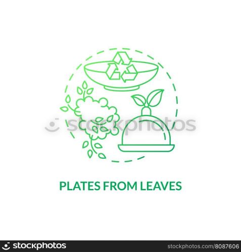 Plates from leaves green gradient concept icon. Recyclable food packaging. Zero waste. Disposable tableware idea thin line illustration. Isolated outline drawing. Myriad Pro-Bold font used. Plates from leaves green gradient concept icon
