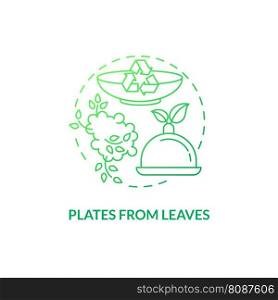 Plates from leaves green gradient concept icon. Recyclable food packaging. Zero waste. Disposable tableware idea thin line illustration. Isolated outline drawing. Myriad Pro-Bold font used. Plates from leaves green gradient concept icon