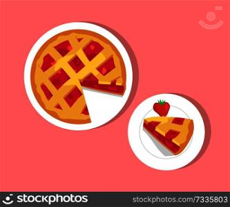 Plates with strawberry pie, cake made of strawberries and decorated with pastry, sweet dish and berry, vector illustration isolated on pink background. Plates with Strawberry Pie Vector Illustration