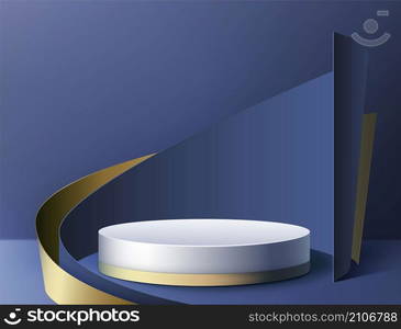 Platform background. 3D product display backdrop with minimalistic studio and abstract geometric pedestal mockup. Empty cylindrical podium. Gold and blue showcase. Vector realistic exhibition stand. Platform background. 3D product display backdrop with minimalistic studio and abstract geometric pedestal. Empty cylindrical podium. Gold and blue showcase. Vector exhibition stand