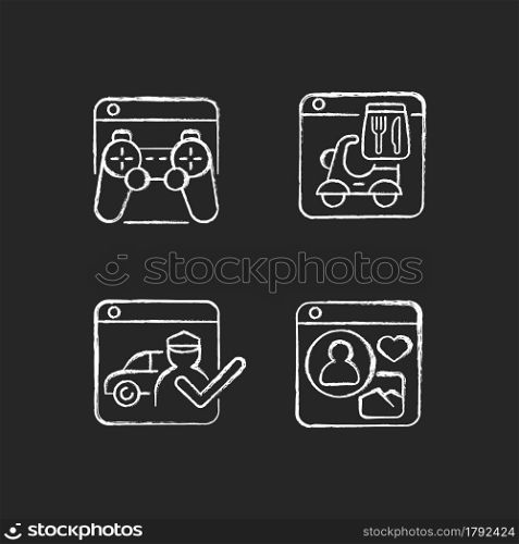 Platform business chalk white icons set on dark background. Playing video games. Food delivery service. Ridesharing company. Social networks. Isolated vector chalkboard illustrations on black. Platform business chalk white icons set on dark background