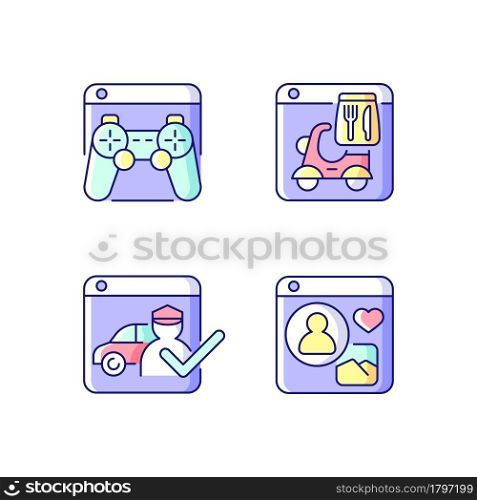 Platform business RGB color icons set. Playing video games. Food delivery service. Ridesharing company. Social networks. Isolated vector illustrations. Simple filled line drawings collection. Platform business RGB color icons set
