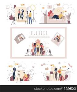 Platform for Blogging, Online Service for Streamers, Startup for Content Creator Banner, Poster Template. Man and Woman Streaming Live Video, Following Popular Blogger Trendy Flat Vector Illustration