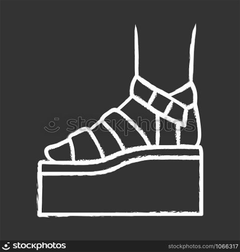 Platform high heel sandals chalk icon. Woman stylish footwear design. Female casual summer shoes side view. Fashionable ladies clothing accessory. Isolated vector chalkboard illustration