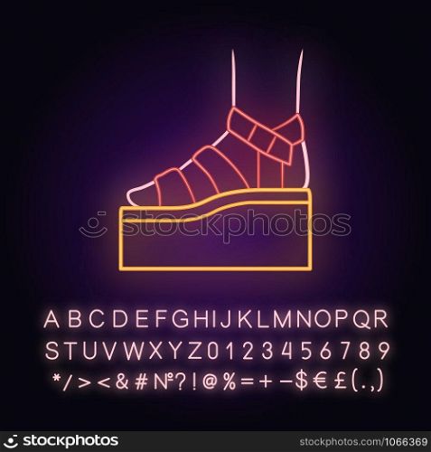 Platform high heel sandals neon light icon. Woman stylish footwear design. Female casual summer shoes side view. Glowing sign with alphabet, numbers and symbols. Vector isolated illustration