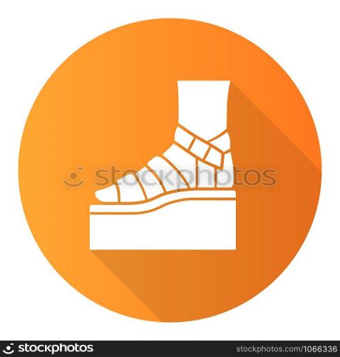 Platform high heel sandals orange flat design long shadow glyph icon. Woman stylish footwear. Female casual summer shoes. Fashionable ladies clothing accessory. Vector silhouette illustration