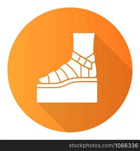 Platform high heel sandals orange flat design long shadow glyph icon. Woman stylish footwear. Female casual summer shoes. Fashionable ladies clothing accessory. Vector silhouette illustration