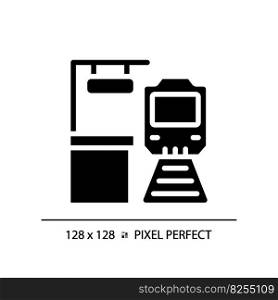 Platform pixel perfect black glyph icon. Train station. Railway track. Passenger transport. High speed rail. Silhouette symbol on white space. Solid pictogram. Vector isolated illustration. Platform pixel perfect black glyph icon
