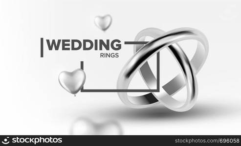 Platinum Jewelery Wedding Rings Banner Vector. Poster With Traditional Symbol Rings For Loving Marriage Couple Decorated Silver Helium Balloon. Luxury Accessory Realistic 3d Illustration. Platinum Jewelery Wedding Rings Banner Vector