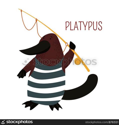 Platypus in cartoon funny sailor vest with rod from vector Australian or New Zealand animals zoo collection for kids T-shirt clothes print. Platypus cartoon vector Australian animal