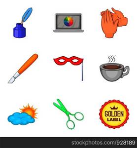 Play actor icons set. Cartoon set of 9 play actor vector icons for web isolated on white background. Play actor icons set, cartoon style