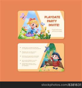 Play date card template with children enjoy in spring,watercolor style 