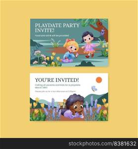 Play date card template with children enjoy in spring,watercolor style 