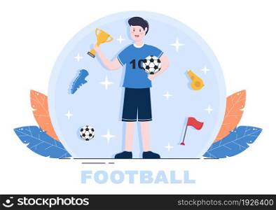 Play Football with Soccer Team Players Celebrate Their Victory in Matches and Get Gold Trophies. Vector Illustration