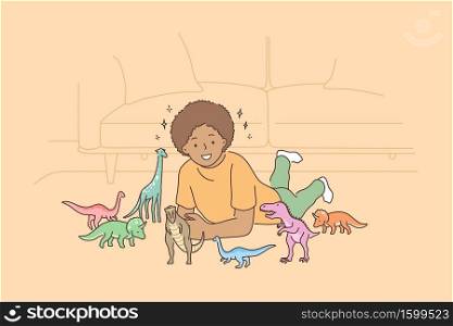 Play, fun, leisure, education concept. Young happy smiling african american child kid boy playing with colorful toy dinosaurs. Learning evolution fossils or reptiles and paleontology game illustration. Play, fun, leisure, game, education, childhood concept
