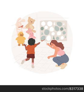 Play games of luck isolated cartoon vector illustration. Family playing game, throwing darts in balloons, win prize, stuffed animals on the walls, child gets toy, amusement park vector cartoon.. Play games of luck isolated cartoon vector illustration.