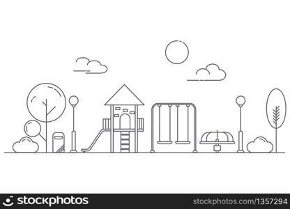 Play ground for children on garden park playground. Landscape of urban park. Thin line art style.