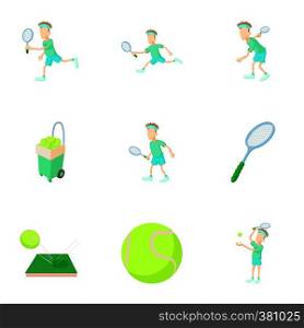 Play in tennis icons set. Cartoon illustration of 9 play in tennis vector icons for web. Play in tennis icons set, cartoon style
