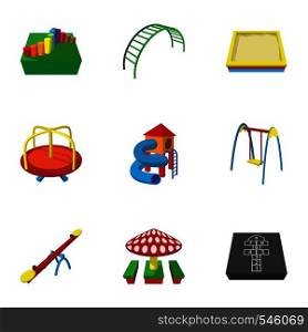 Play in yard icons set. Cartoon illustration of 9 play in yard vector icons for web. Play in yard icons set, cartoon style