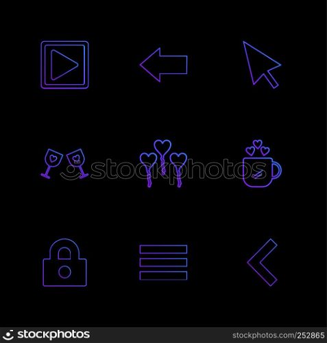 play, left , pointer , glasss , heart , cup , lock , menu , left arrow , icon, vector, design, flat, collection, style, creative, icons