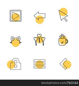 play, left , pointer , glasss , heart , cup , lock , menu , left arrow , icon, vector, design, flat, collection, style, creative, icons