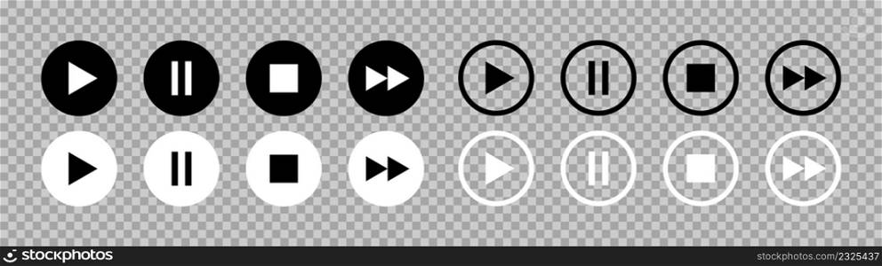 Play, pause and stop button. Play, pause, rewind, stop and forward icons. Music and video player symbols isolated on transparent background. Vector.