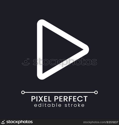 Play pixel perfect white linear ui icon for dark theme. Multimedia player control. Vector line pictogram. Isolated user interface symbol for night mode. Editable stroke. Poppins font used. Play pixel perfect white linear ui icon for dark theme