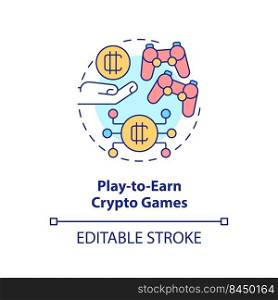 Play to earn crypto games concept icon. Way to make money on cryptocurrency abstract idea thin line illustration. Isolated outline drawing. Editable stroke. Arial, Myriad Pro-Bold fonts used. Play to earn crypto games concept icon