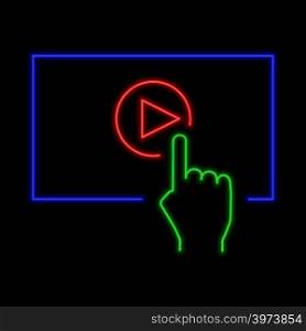 Play video online concept neon sign. Bright glowing symbol on a black background. Neon style icon.
