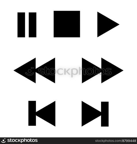 Player buttons, vector. Play, stop, pause, rewind. Black buttons.