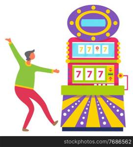Player character winning, colorful game machine with 777 combination. Lucky gambler standing near gambling equipment, casino entertainment, luck vector. Lucky Player Winning, Game Machine, Jackpot Vector