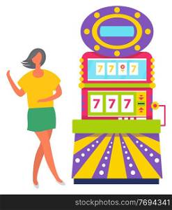 Player female standing near game electronic machine, colorful casino equipment. Woman gambling, win or success icon, lucky seven combination, entertainment vector. Woman Winner, Gambling Machine, Casino Vector