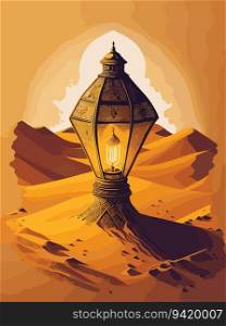Playful Desert Glow: Vibrant Hand-Drawn Arabic Lantern Illustration on Blurred Golden Sand Dunes